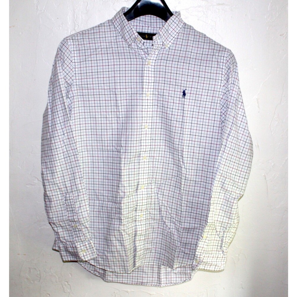 Ralph Lauren Men size L long sleeve shirt blue label plaid white red blue logo